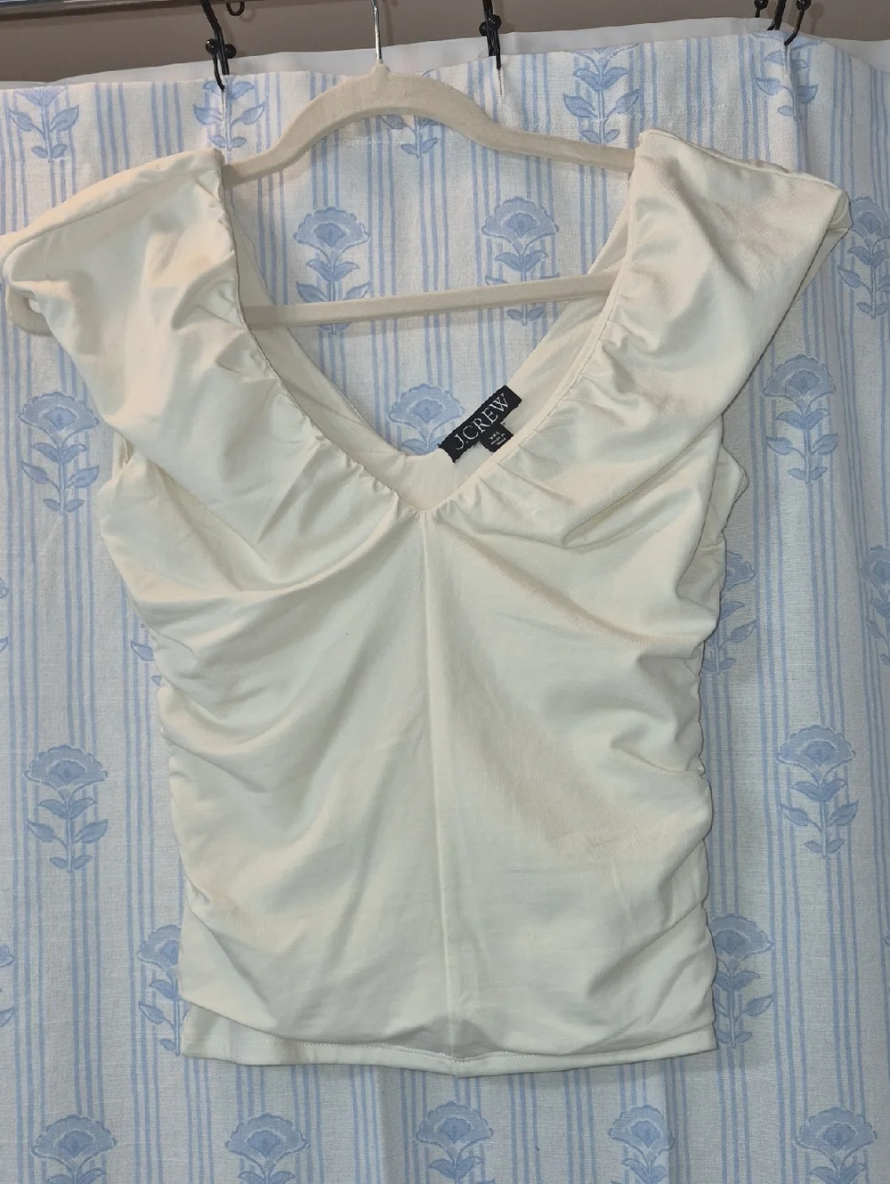 J Crew Ruched V Neck Stretch Ivory Cotton Blend Top Women's Sz XXS